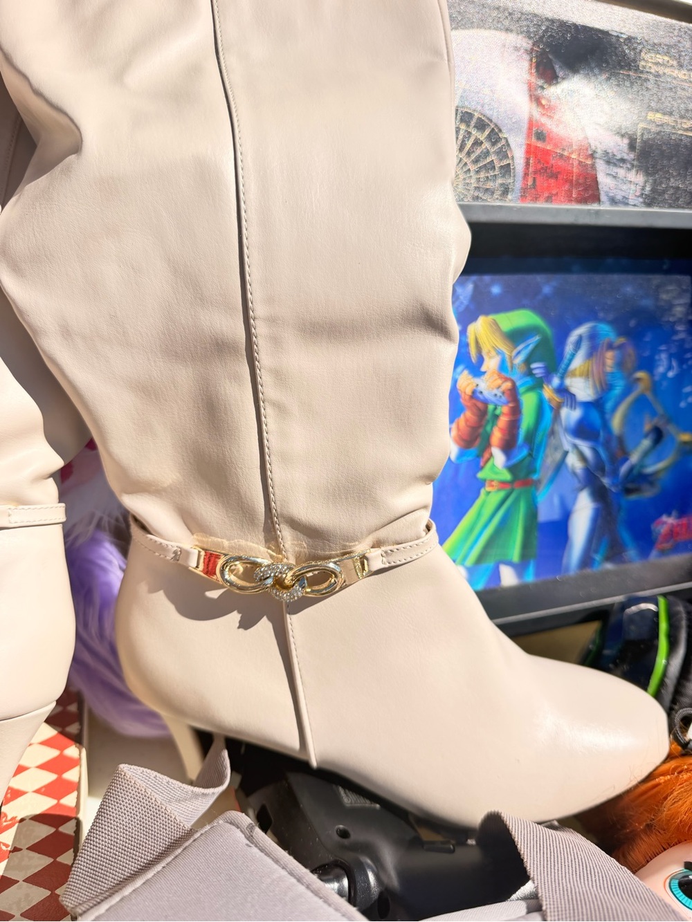 Karen Scott Cream Knee-High Heeled Boots with Gold Chain Accent - Picture 3 of 6